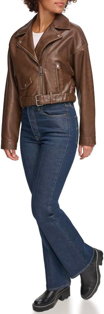 imageLevis Womens Faux Leather Cropped Moto JacketSaddle
