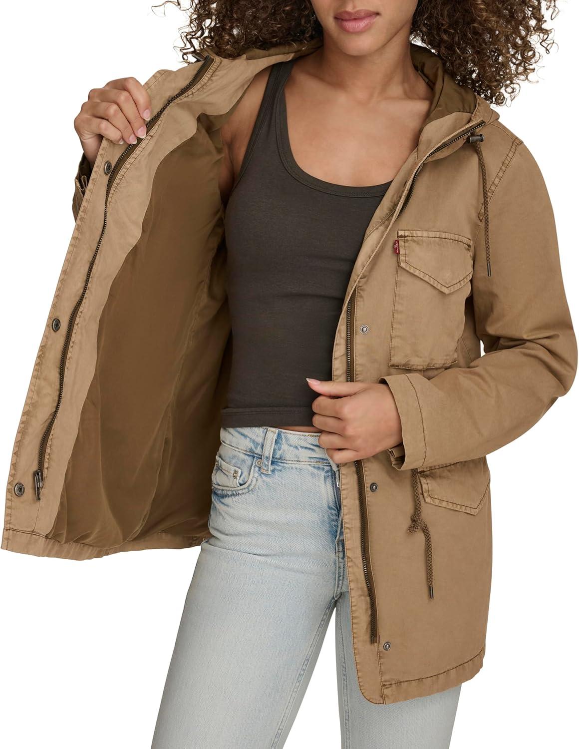 imageLevis Womens Four Pocket Hooded Military JacketCamel Cotton
