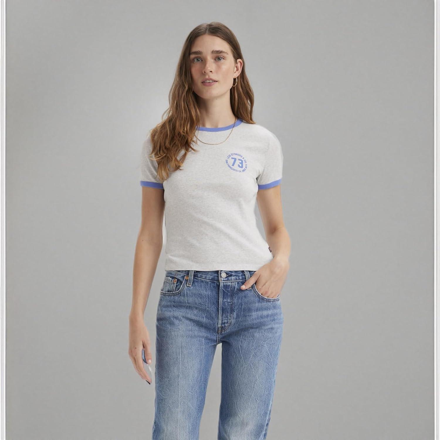 imageLevis Womens Perfect Graphic Tee ShirtNew 73 Ring Orbit Heather Gray Blue Yonder