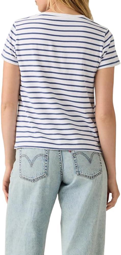 imageLevis Womens Perfect VNeck TShirtNew Emily Stripe Bright White Sunshine Blue