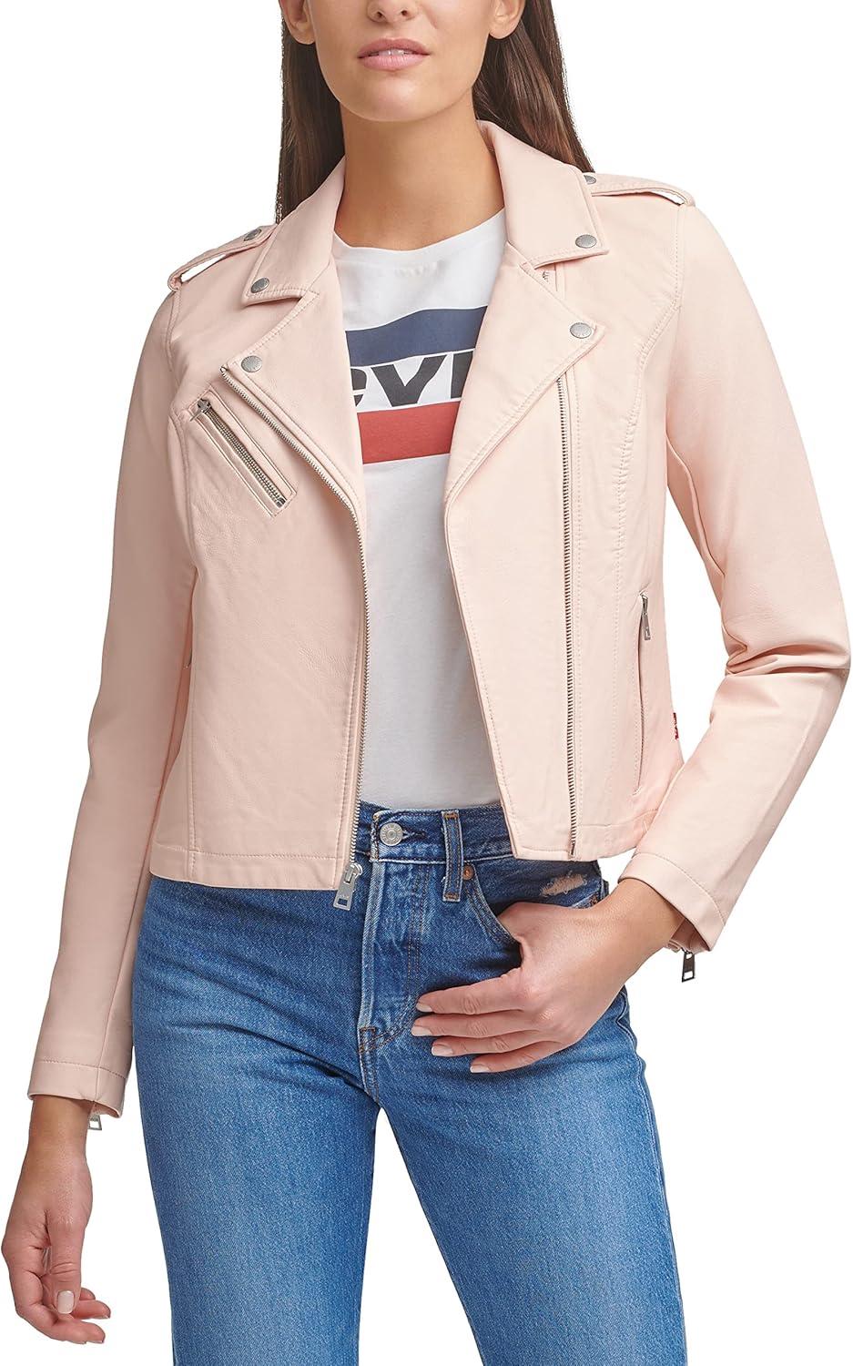 imageLevis Womens The Classic Faux Leather Moto Jacket Regular amp Plus SizeScallop Shell Pink