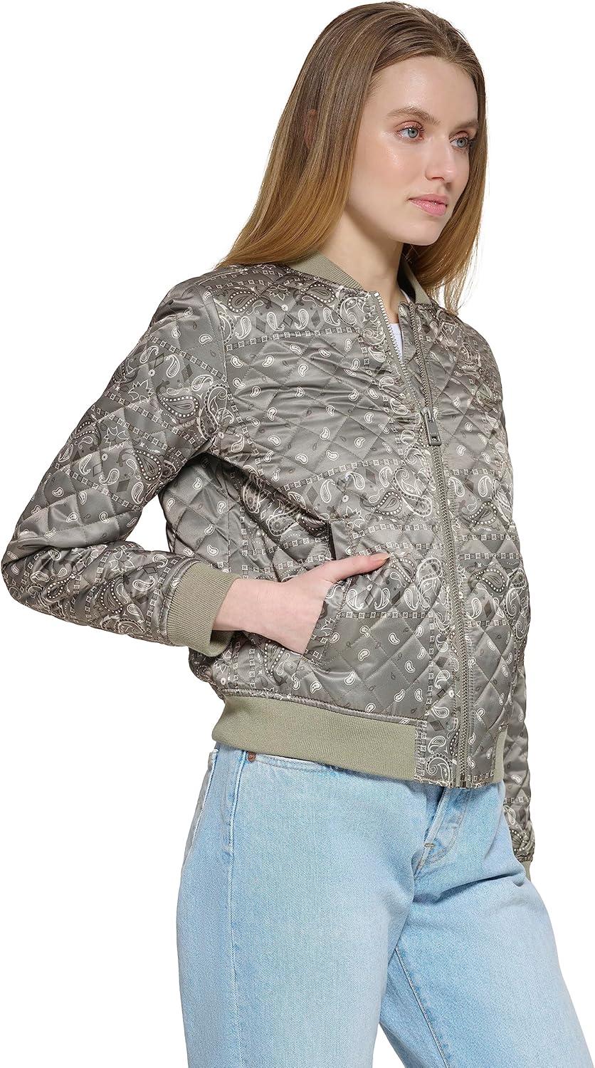imageLevis Womens Womens Diamond Quilted Bomber Jacket With Front Pockets Regular amp Plus SizesGreen Faded Bandana