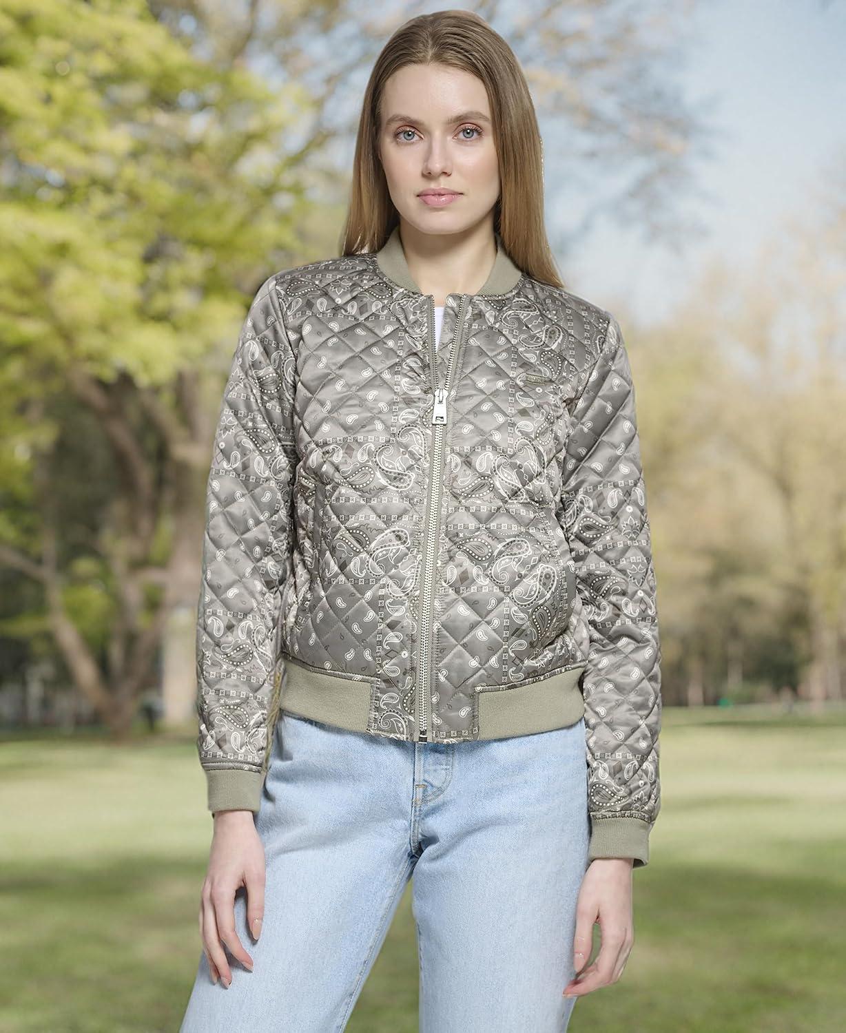 imageLevis Womens Womens Diamond Quilted Bomber Jacket With Front Pockets Regular amp Plus SizesGreen Faded Bandana