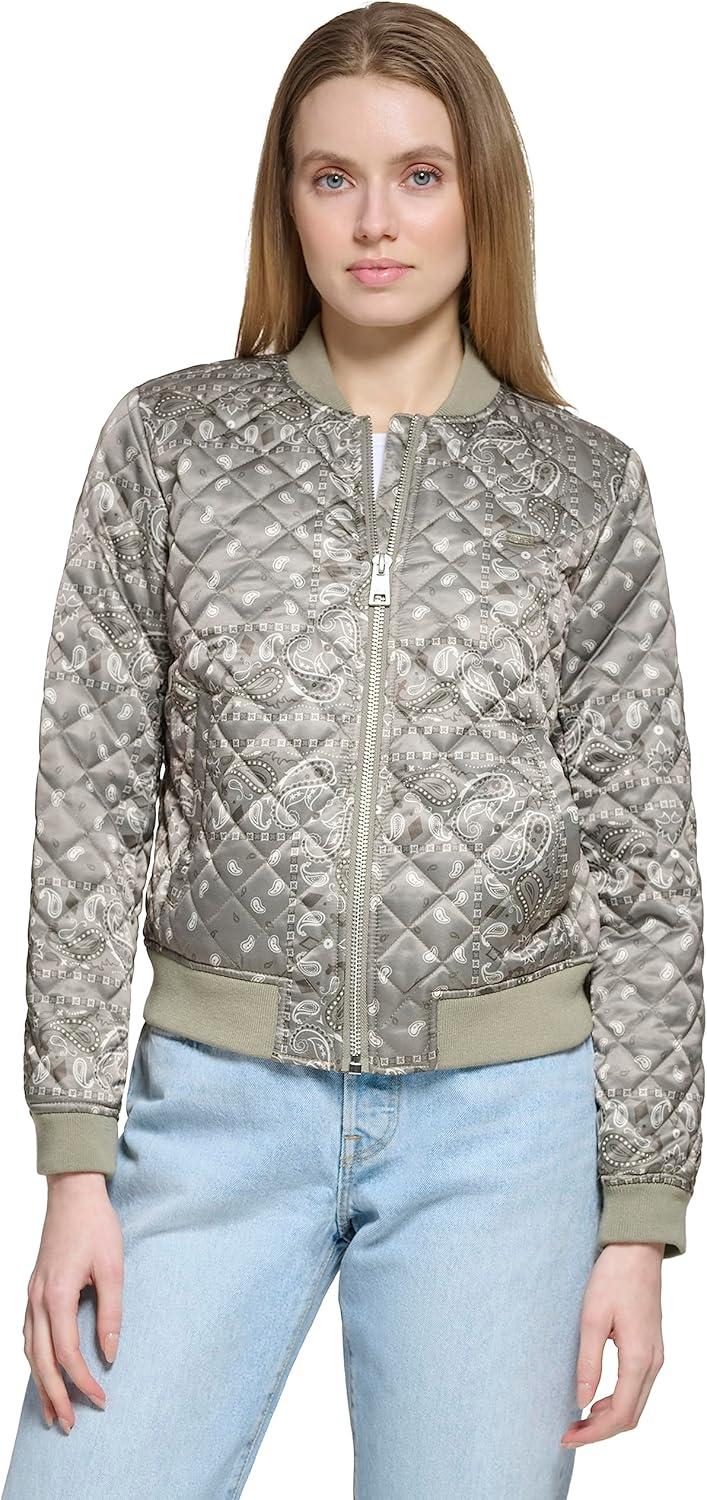 imageLevis Womens Womens Diamond Quilted Bomber Jacket With Front Pockets Regular amp Plus SizesGreen Faded Bandana