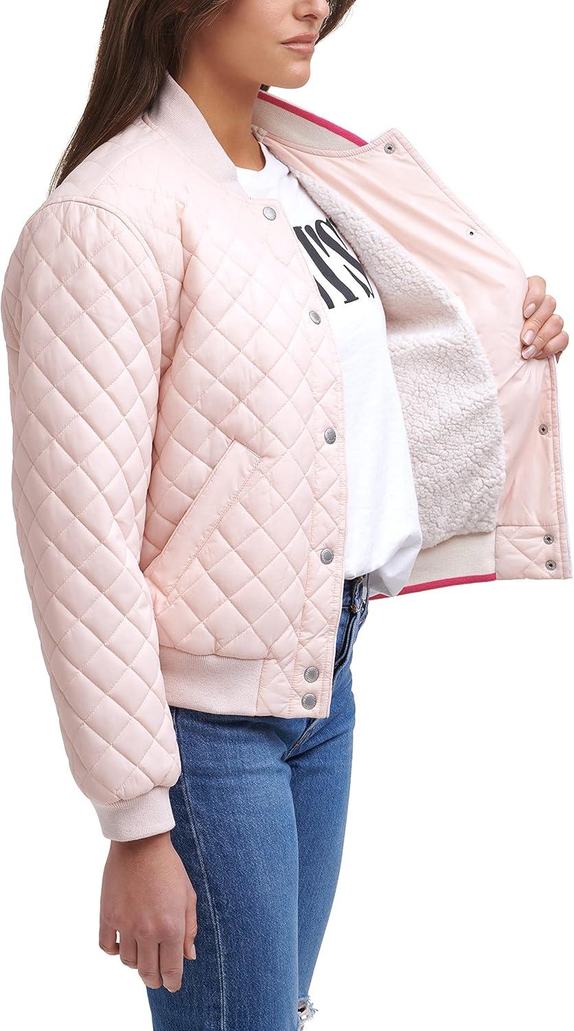 imageLevis Womens Womens Diamond Quilted Bomber Jacket With Front Pockets Regular amp Plus SizesPeach Blush Sherpa Lined