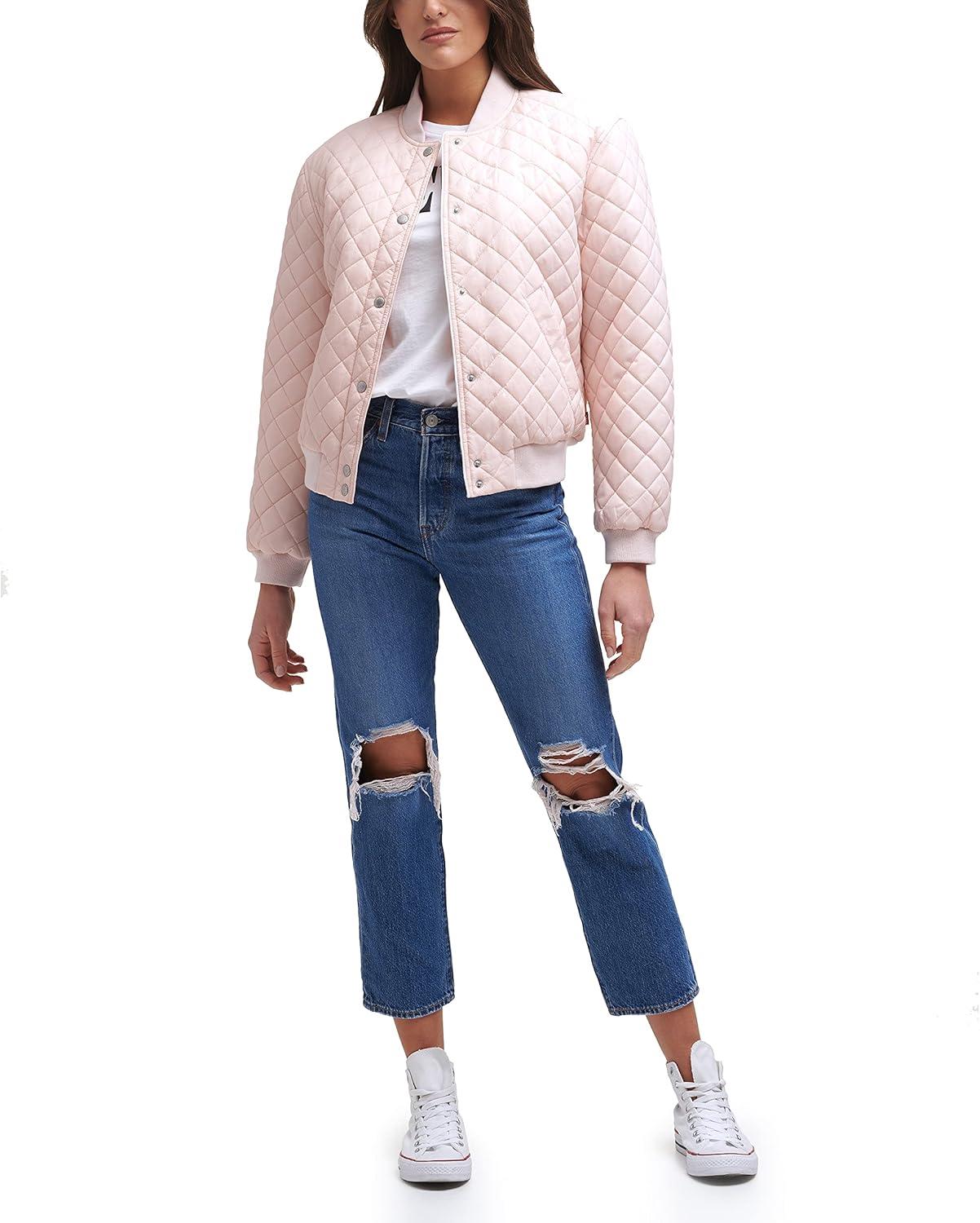 imageLevis Womens Womens Diamond Quilted Bomber Jacket With Front Pockets Regular amp Plus SizesPeach Blush Sherpa Lined