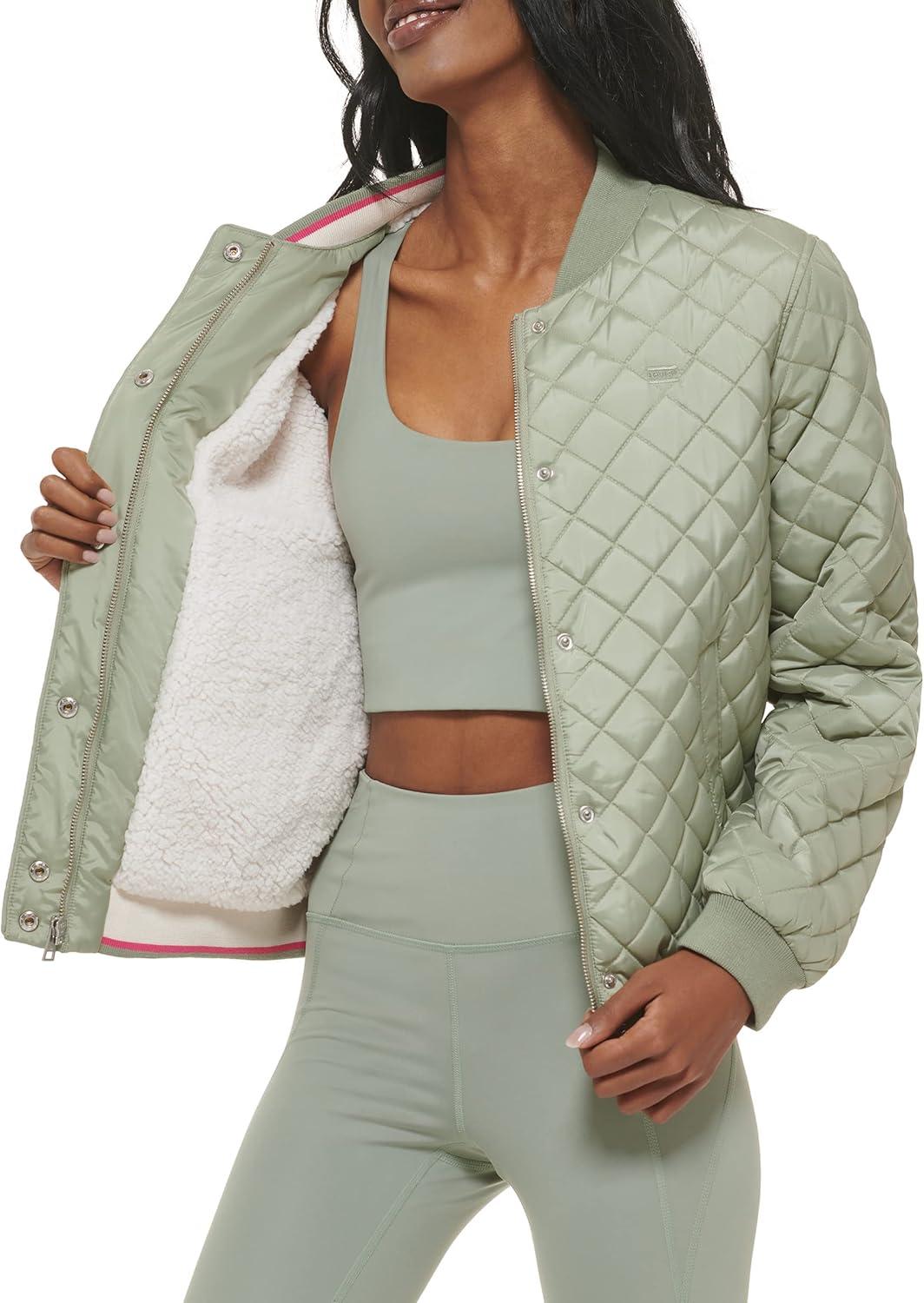imageLevis Womens Womens Diamond Quilted Bomber Jacket With Front Pockets Regular amp Plus SizesSeafoam Sherpa Lined