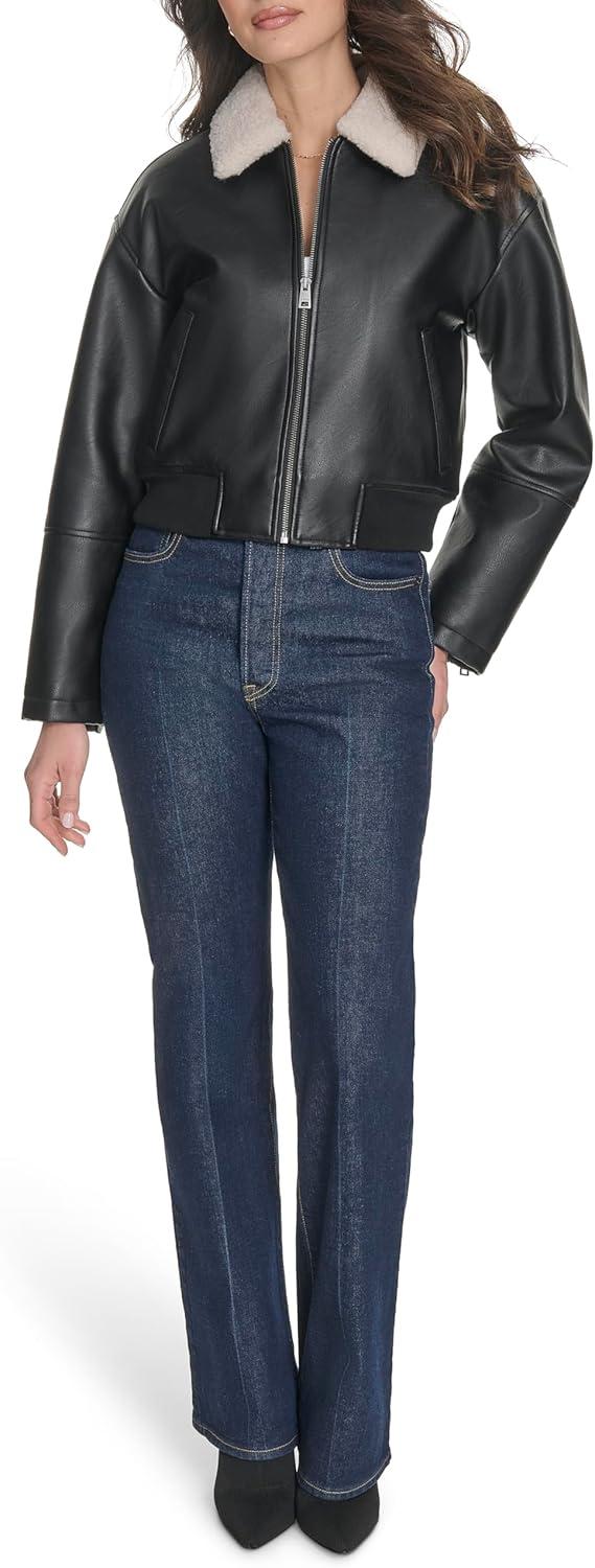 imageLevis womens Faux Leather Bomber With Laydown CollarBlack Sherpa Collar