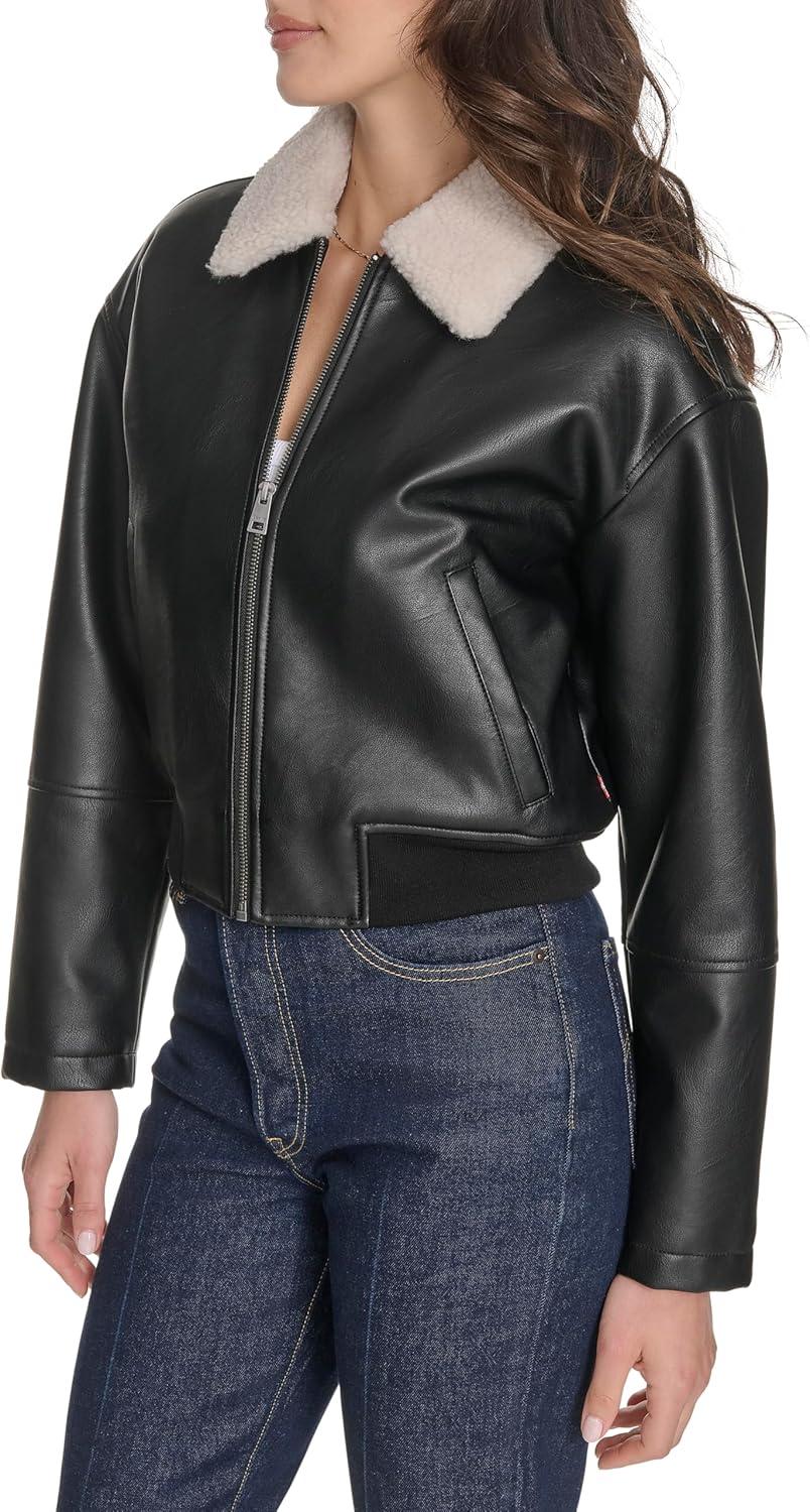 imageLevis womens Faux Leather Bomber With Laydown CollarBlack Sherpa Collar