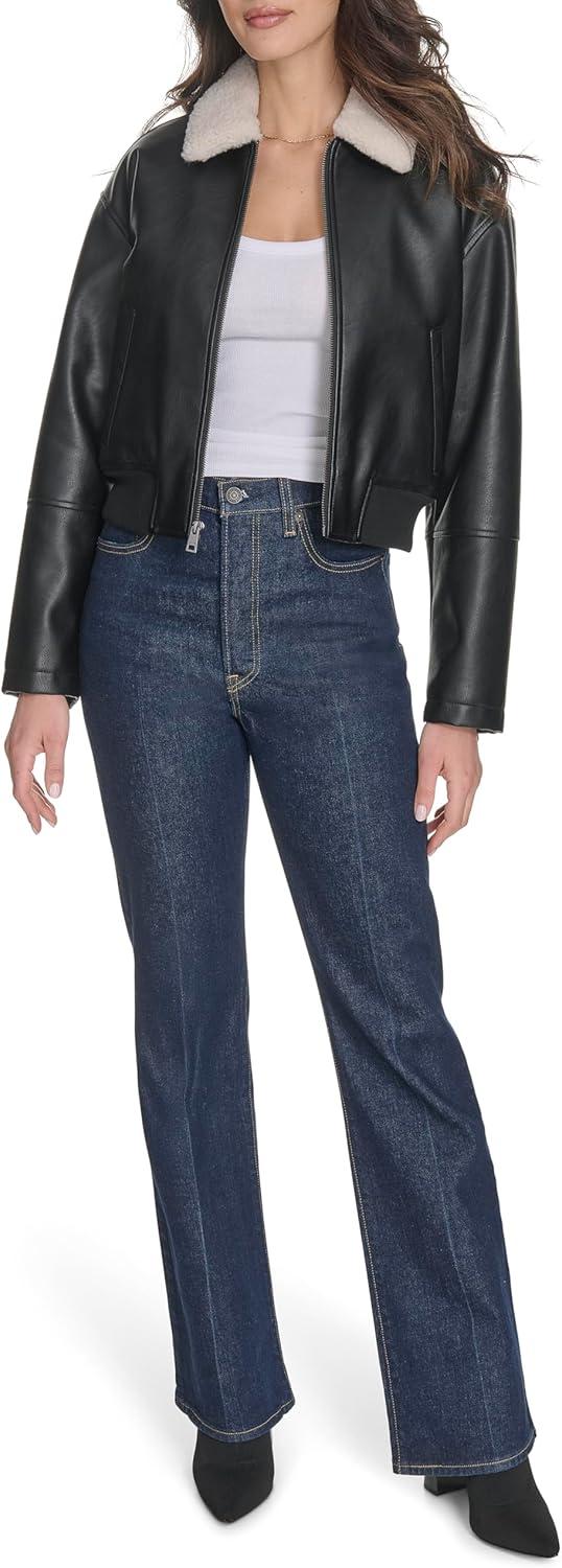 imageLevis womens Faux Leather Bomber With Laydown CollarBlack Sherpa Collar