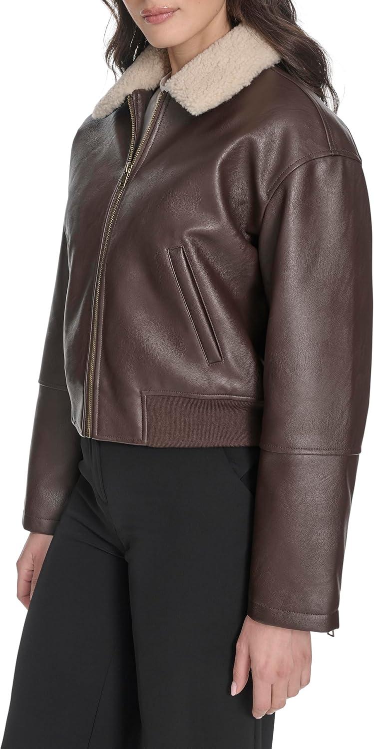 imageLevis womens Faux Leather Bomber With Laydown CollarBrown Sherpa Collar