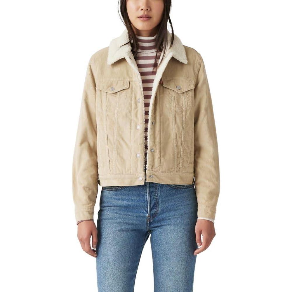 imageLevis Womens Original Sherpa Trucker Jackets Standard and PlusWhite Pepper Corduroy Non Stretch