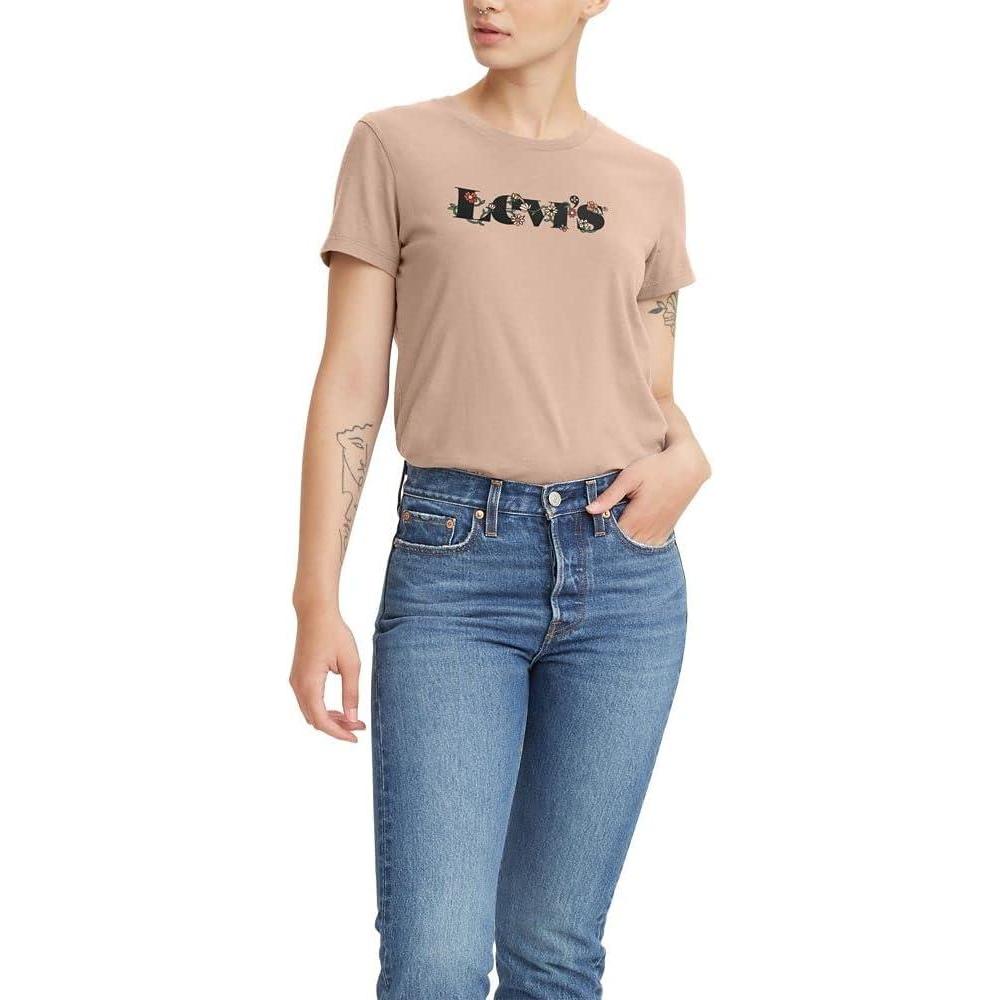 imageLevis Womens Perfect Crewneck Tee Shirt Also Available in PlusFlower Chain Logo Peach Puree Red