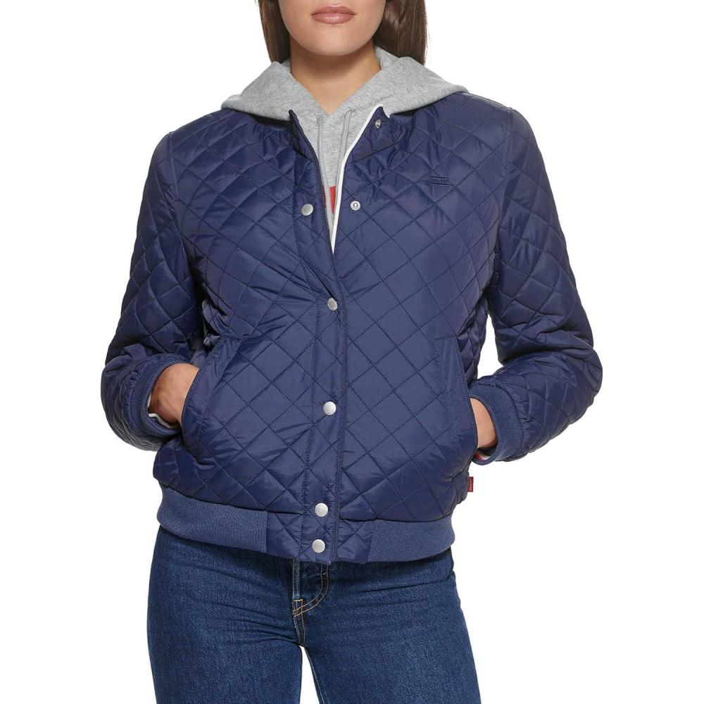 imageLevis Womens Womens Diamond Quilted Bomber Jacket With Front Pockets Regular amp Plus SizesNavy Sherpa Lined