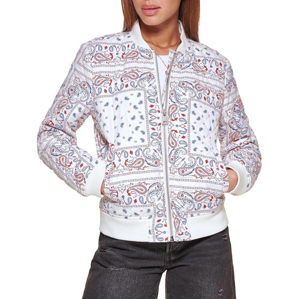 imageLevis Womens Womens Diamond Quilted Bomber Jacket With Front Pockets Regular amp Plus SizesWhite Navy Bandana