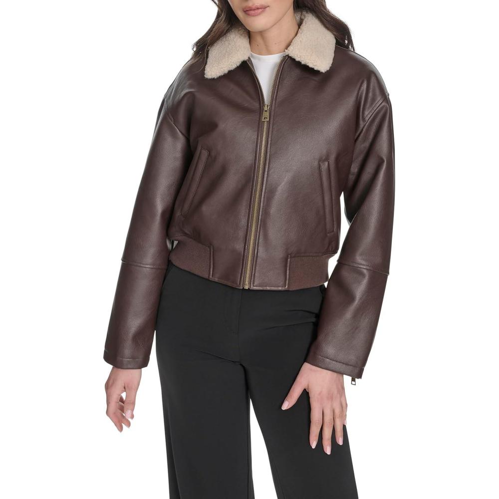imageLevis womens Faux Leather Bomber With Laydown CollarBrown Sherpa Collar