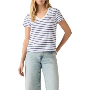 Levi’s Women’s Perfect V-Neck T-Shirt((New) Emily Stripe Bright White Sunshine Blue)