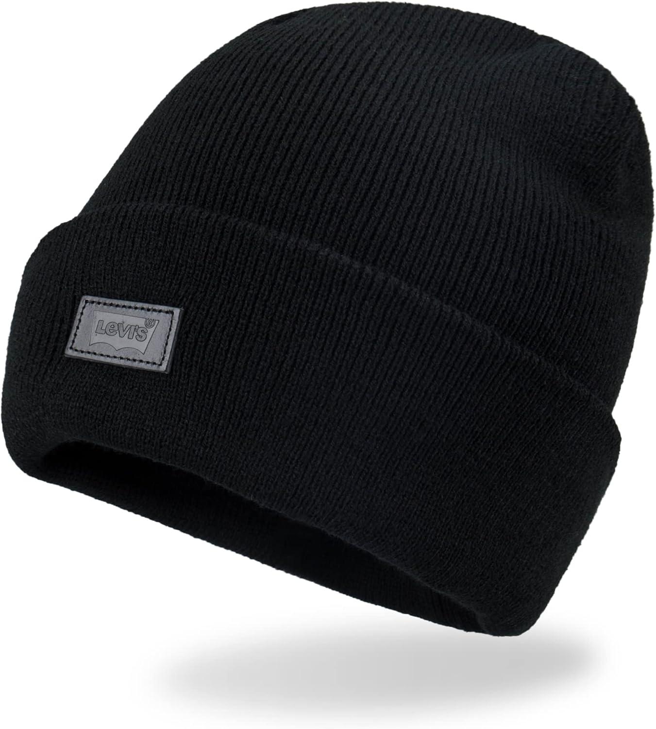 imageLevis Mens AllSeason Hero Beanie Soft Knit Cuffed Winter Hat Warm amp Comfortable Everyday StyleBlack Solid