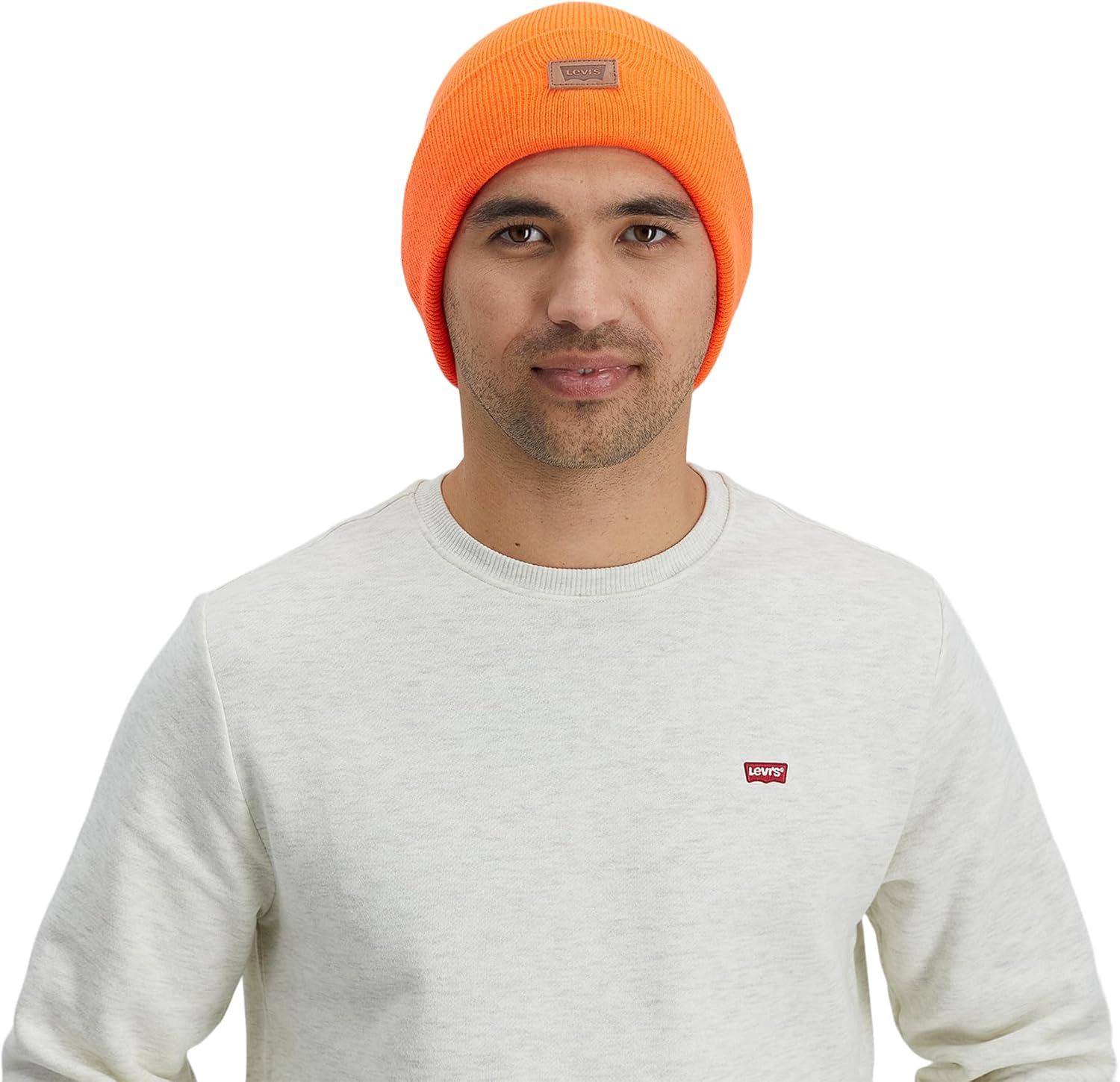 imageLevis Mens AllSeason Hero Beanie Soft Knit Cuffed Winter Hat Warm amp Comfortable Everyday StyleNeon Orange Solid