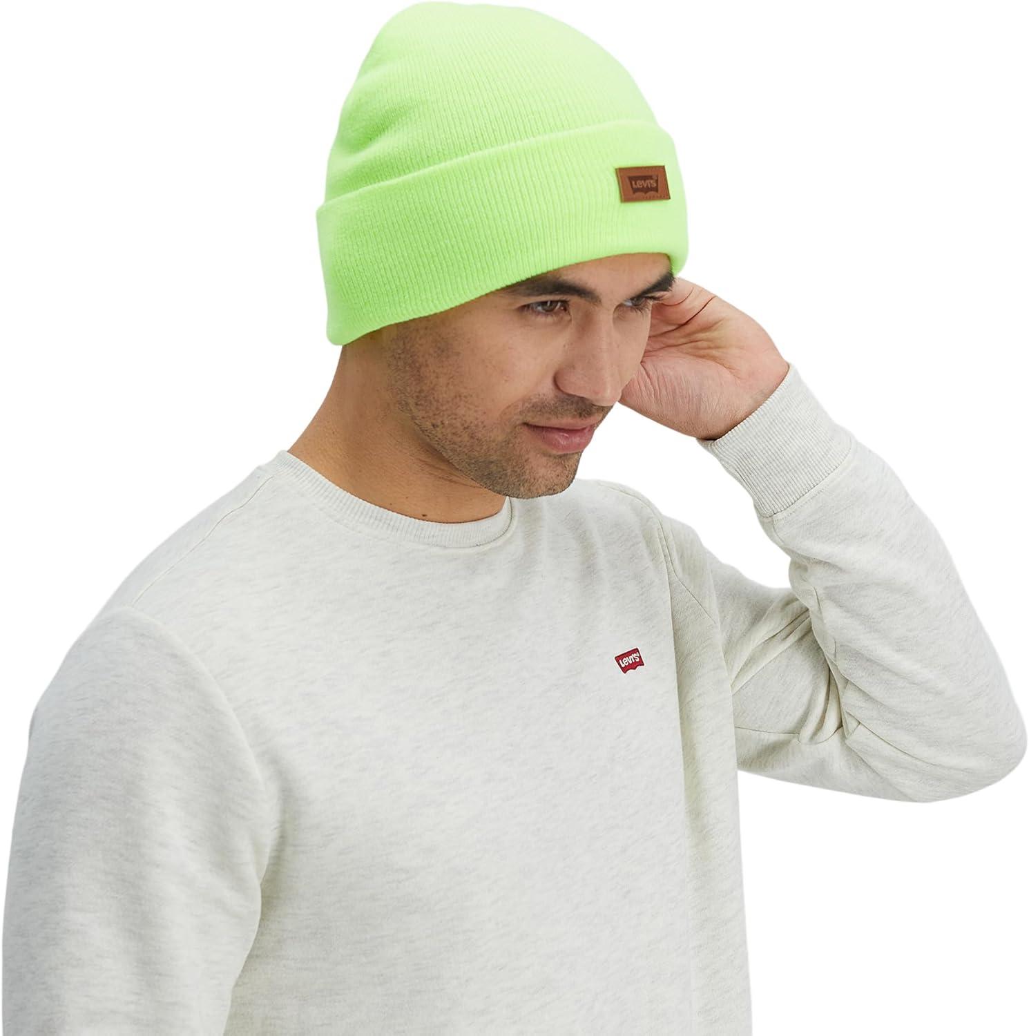 imageLevis Mens AllSeason Hero Beanie Soft Knit Cuffed Winter Hat Warm amp Comfortable Everyday StyleNeon Yellow Solid