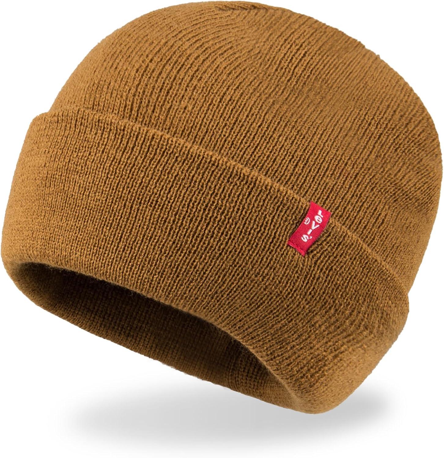 imageLevis Mens AllSeason Hero Beanie Soft Knit Cuffed Winter Hat Warm amp Comfortable Everyday StyleTan Red Tab