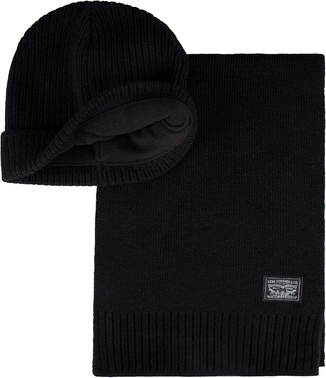 imageLevis Mens Classic Winter Warm Knit Beanie Hat and Scarf SetBlack Ribbed