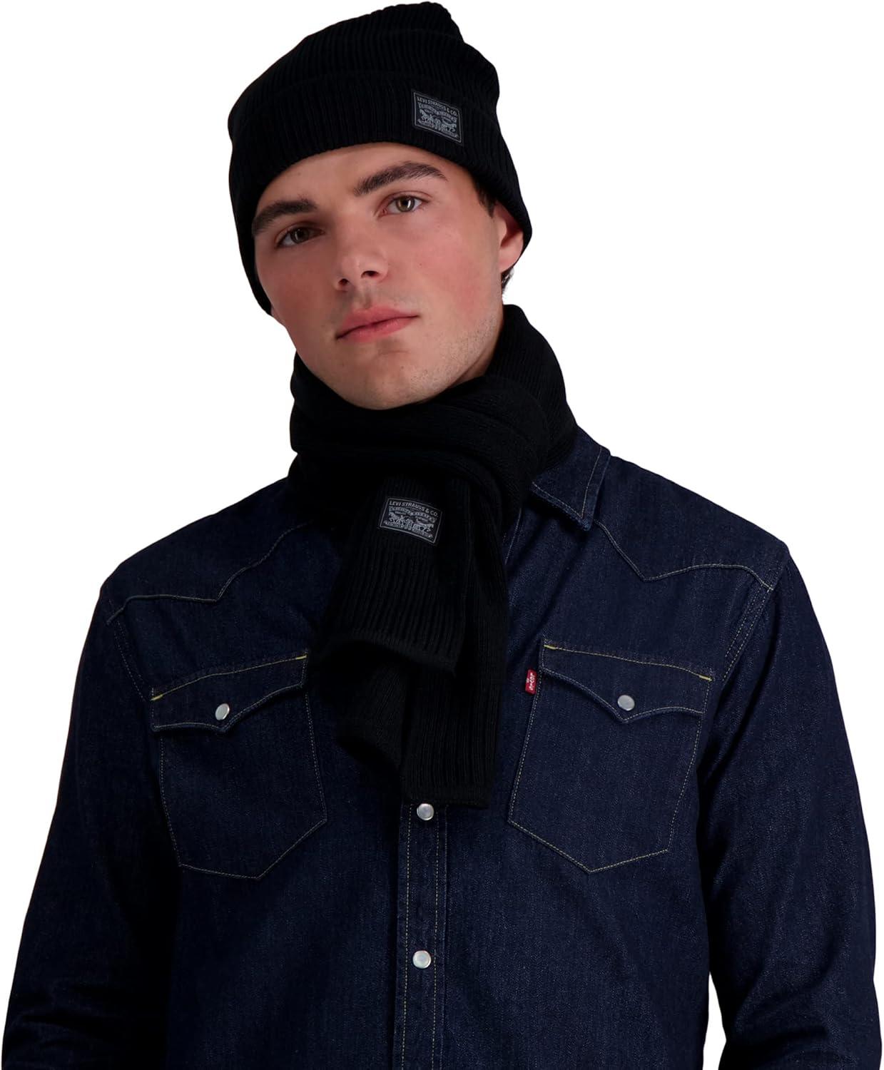imageLevis Mens Classic Winter Warm Knit Beanie Hat and Scarf SetBlack Ribbed