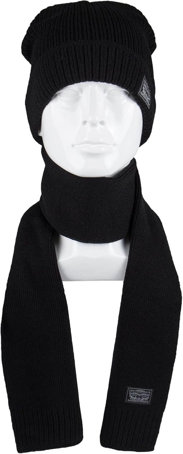 imageLevis Mens Classic Winter Warm Knit Beanie Hat and Scarf SetBlack Ribbed