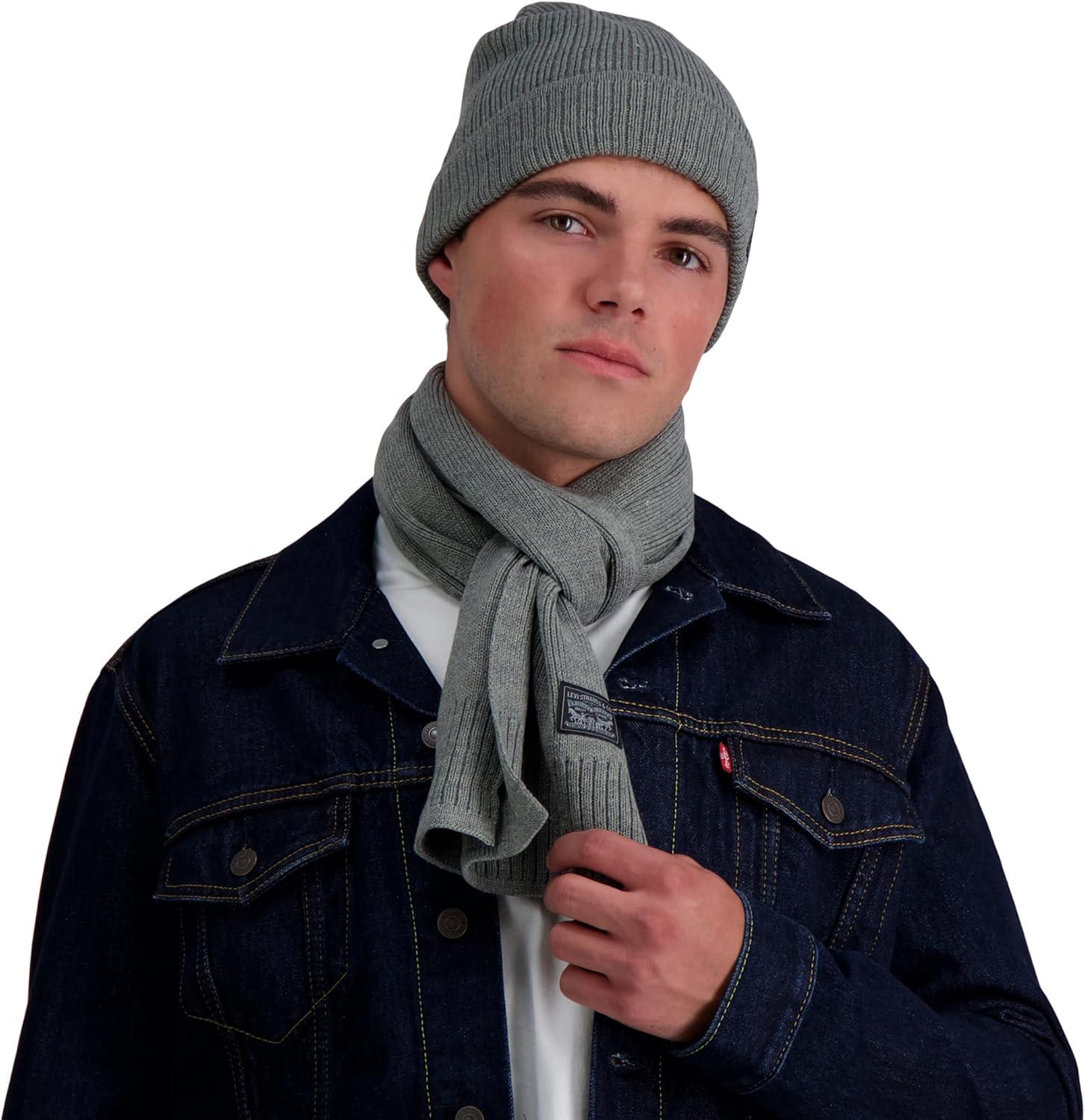 imageLevis Mens Classic Winter Warm Knit Beanie Hat and Scarf SetCharcoal