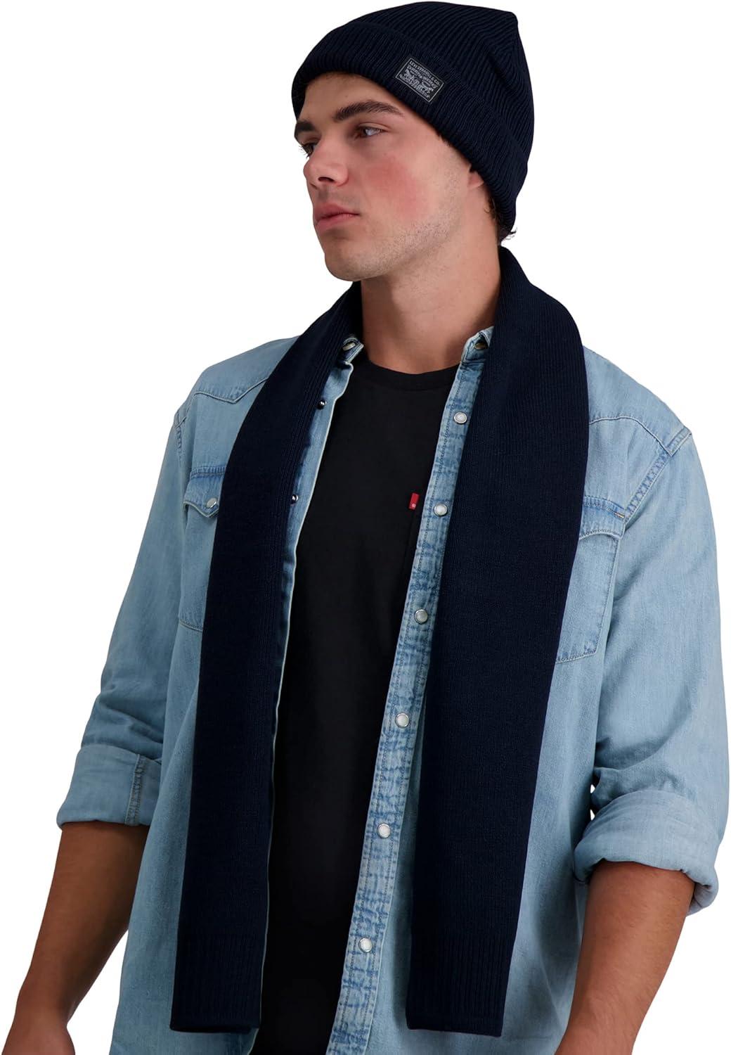 imageLevis Mens Classic Winter Warm Knit Beanie Hat and Scarf SetNavy Ribbed