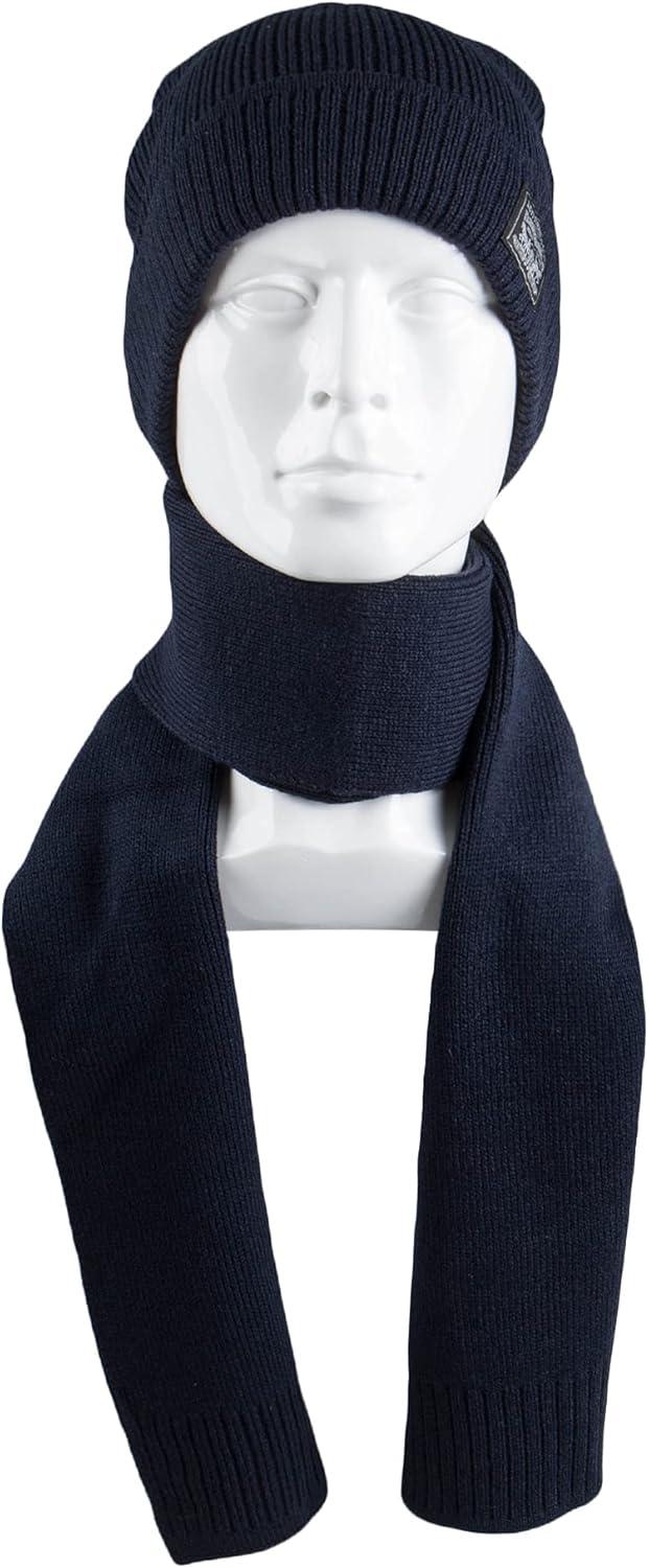 imageLevis Mens Classic Winter Warm Knit Beanie Hat and Scarf SetNavy Ribbed