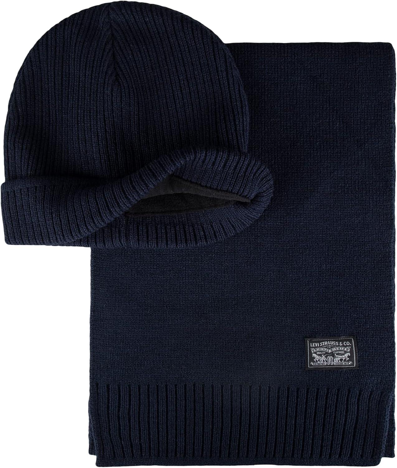 imageLevis Mens Classic Winter Warm Knit Beanie Hat and Scarf SetNavy Ribbed