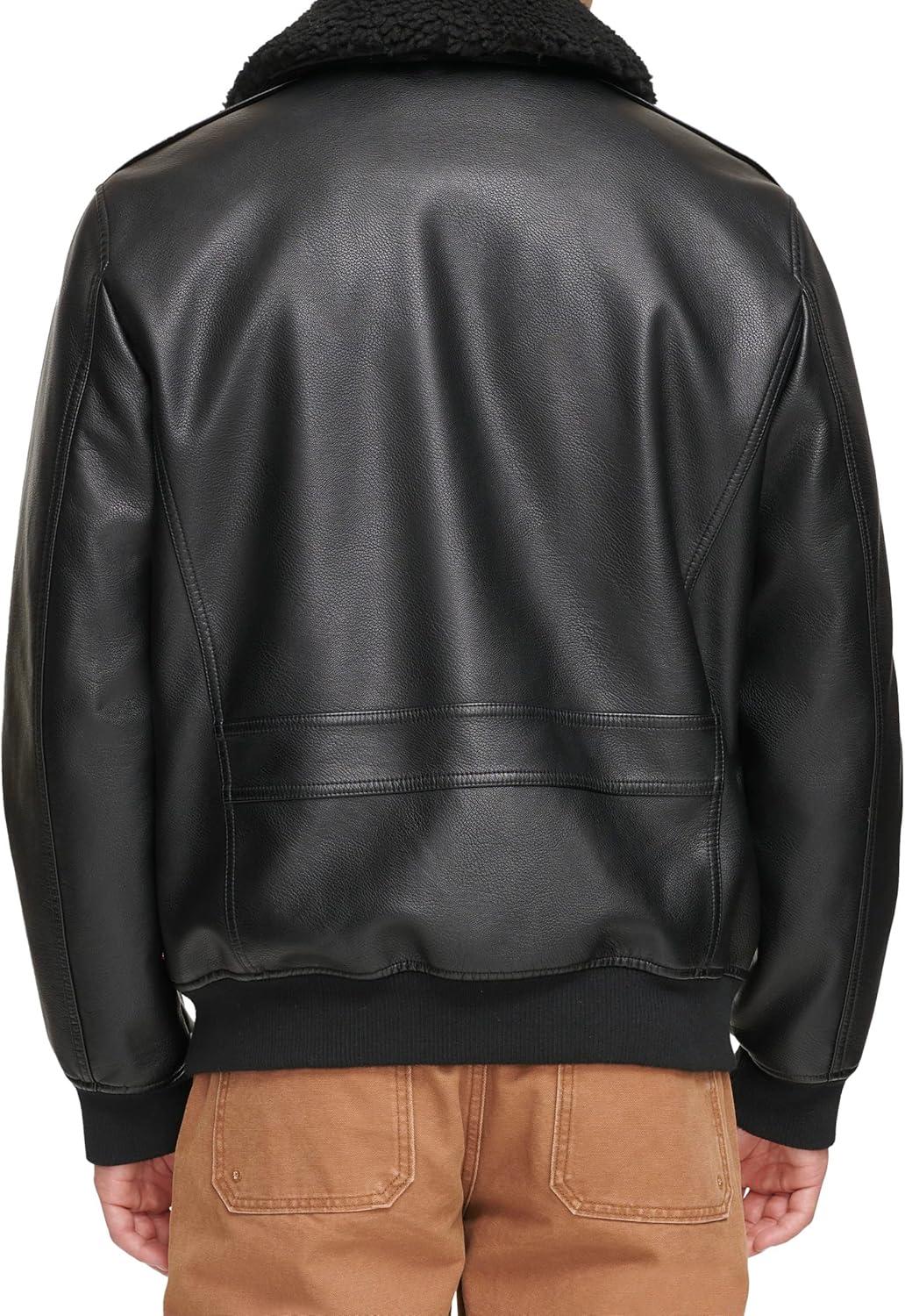 imageLevis Mens Faux Leather Aviator Bomber Jacket With Sherpa CollarBlack