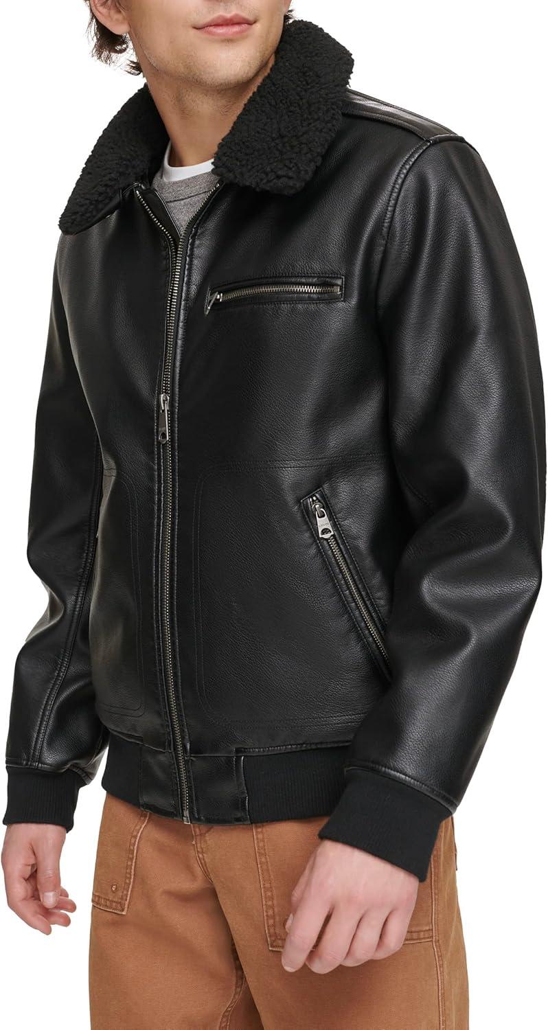 imageLevis Mens Faux Leather Aviator Bomber Jacket With Sherpa CollarBlack