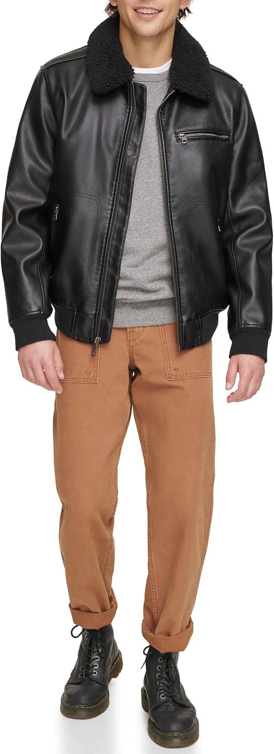imageLevis Mens Faux Leather Aviator Bomber Jacket With Sherpa CollarBlack