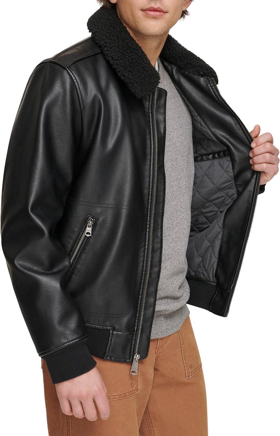 imageLevis Mens Faux Leather Aviator Bomber Jacket With Sherpa CollarBlack