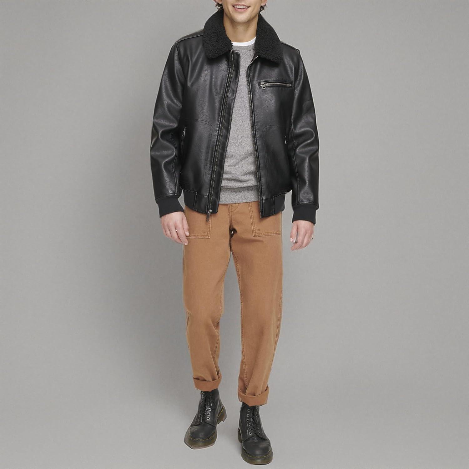 imageLevis Mens Faux Leather Aviator Bomber Jacket With Sherpa CollarBlack