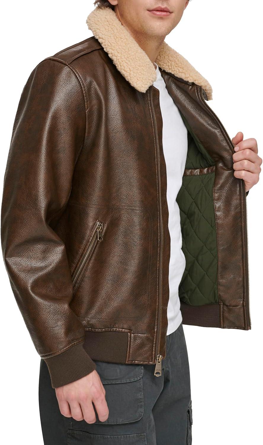 imageLevis Mens Faux Leather Aviator Bomber Jacket With Sherpa CollarBrown