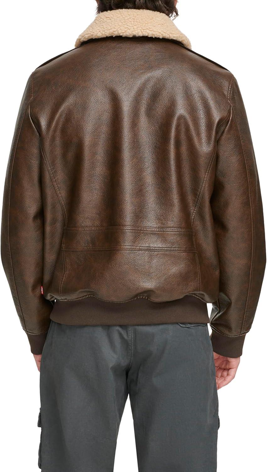 imageLevis Mens Faux Leather Aviator Bomber Jacket With Sherpa CollarBrown