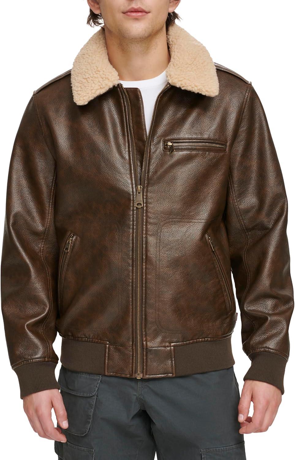 imageLevis Mens Faux Leather Aviator Bomber Jacket With Sherpa CollarBrown