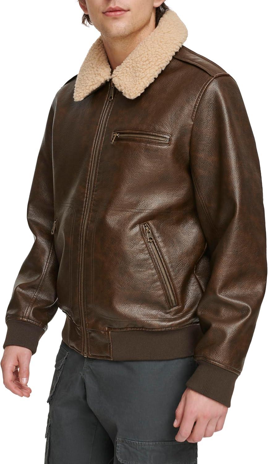 imageLevis Mens Faux Leather Aviator Bomber Jacket With Sherpa CollarBrown