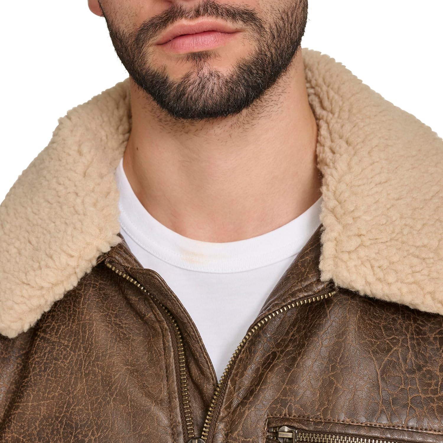 imageLevis Mens Faux Leather Aviator Bomber Jacket With Sherpa CollarLight Brown