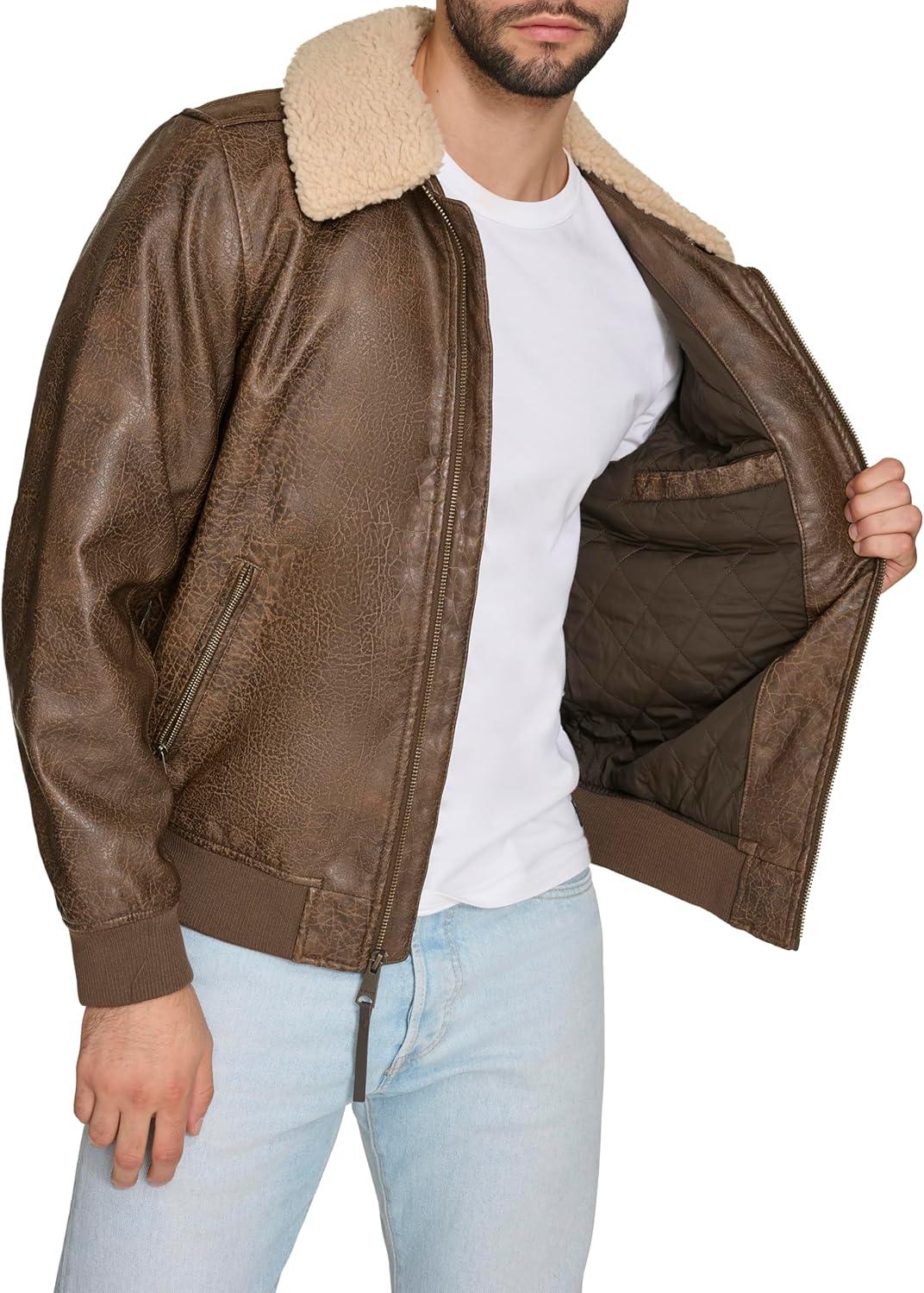imageLevis Mens Faux Leather Aviator Bomber Jacket With Sherpa CollarLight Brown