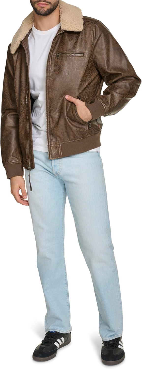imageLevis Mens Faux Leather Aviator Bomber Jacket With Sherpa CollarLight Brown