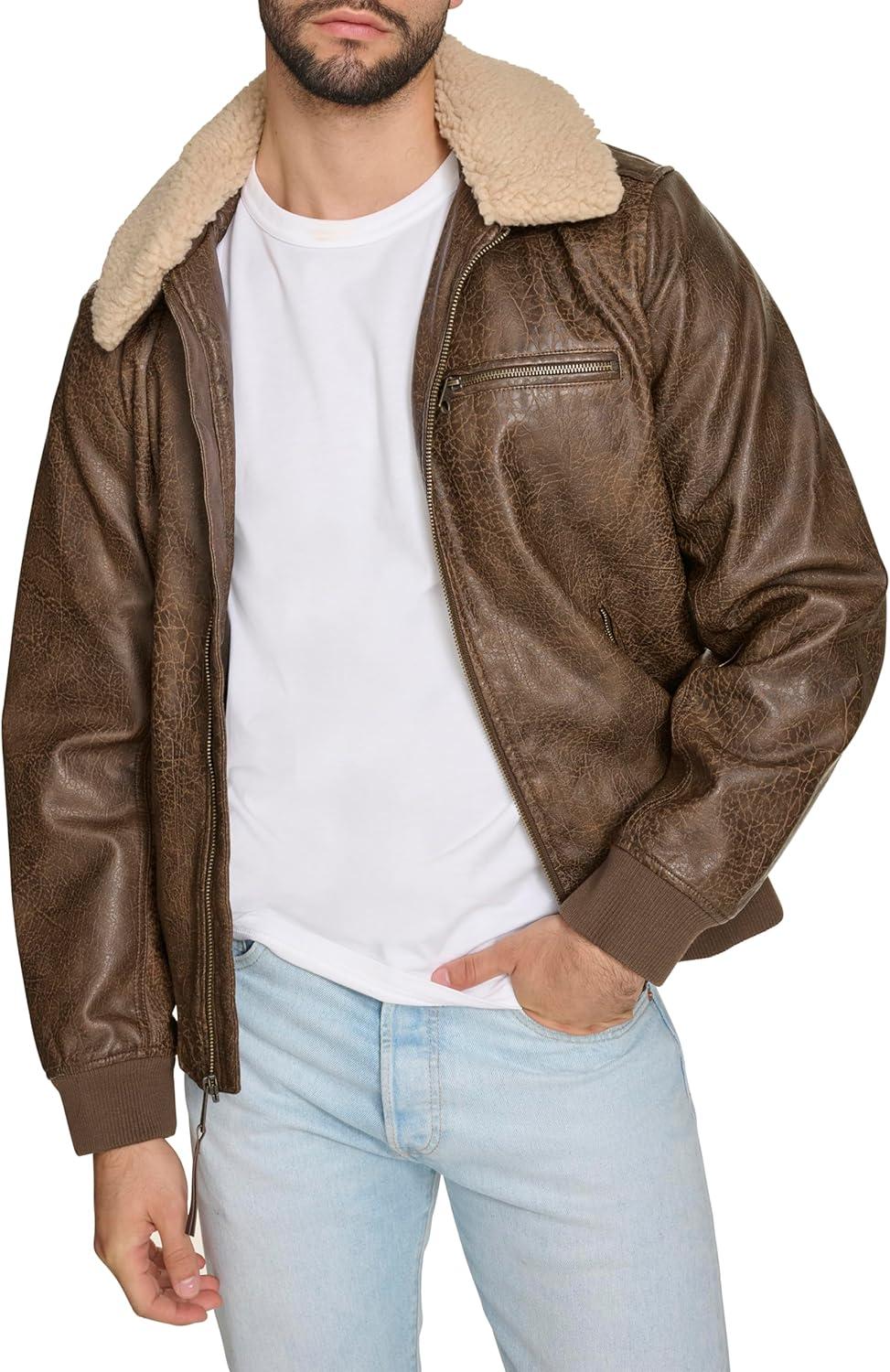 imageLevis Mens Faux Leather Aviator Bomber Jacket With Sherpa CollarLight Brown