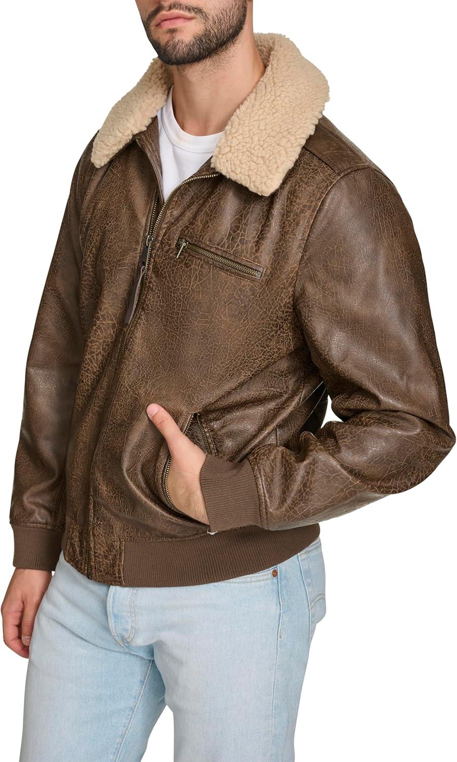 imageLevis Mens Faux Leather Aviator Bomber Jacket With Sherpa CollarLight Brown