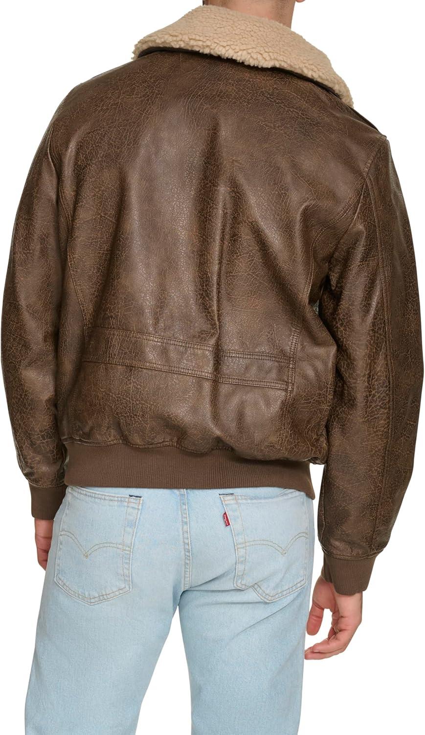 imageLevis Mens Faux Leather Aviator Bomber Jacket With Sherpa CollarLight Brown