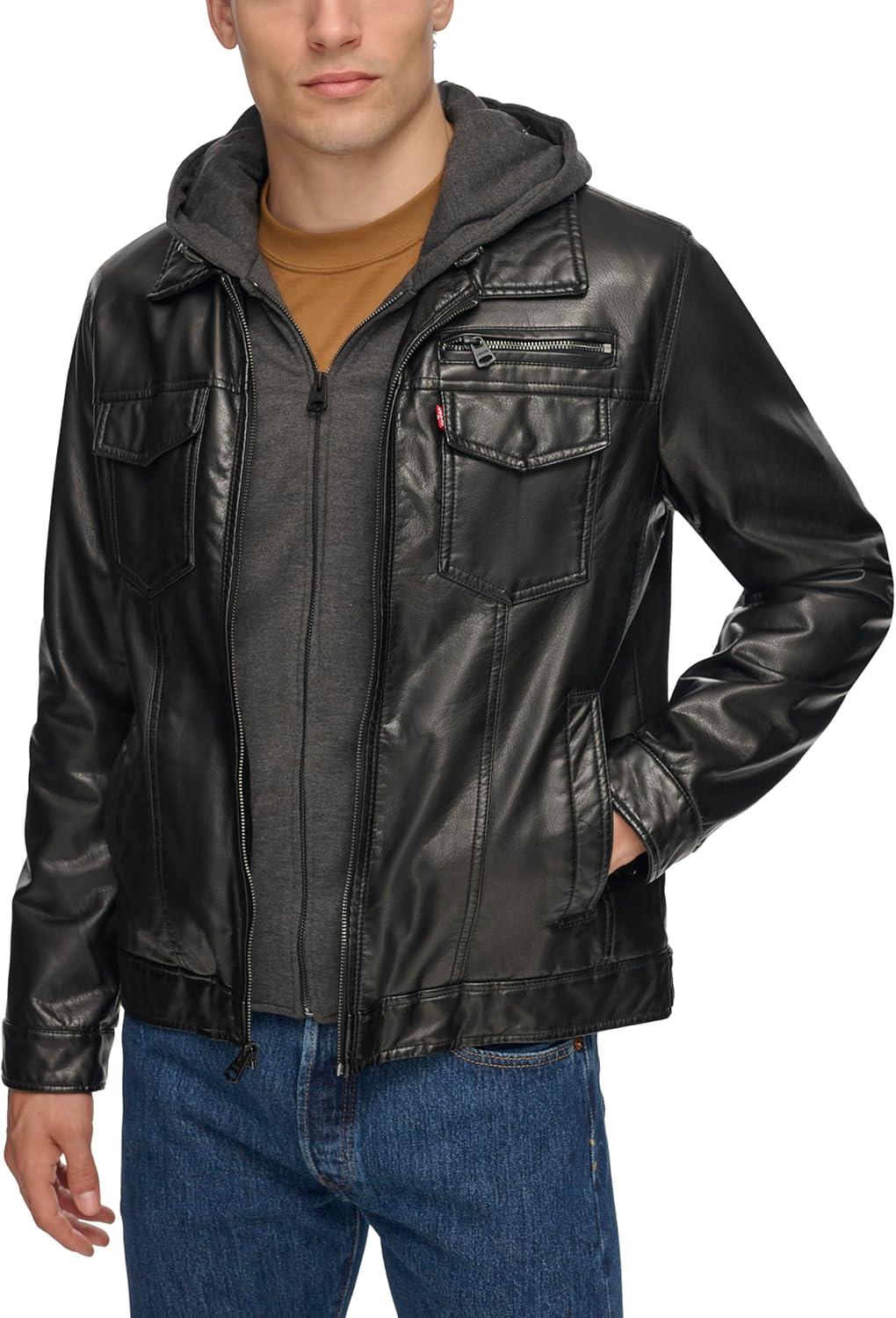 imageLevis Mens Faux Leather Hooded Trucker Jacket With Sherpa Lining Regular amp Big amp Tall SizesBlack