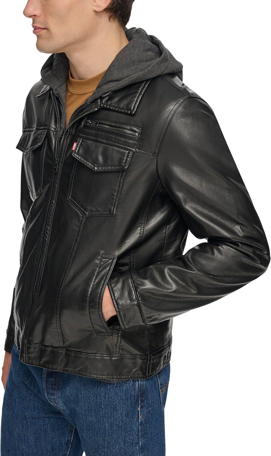 imageLevis Mens Faux Leather Hooded Trucker Jacket With Sherpa Lining Regular amp Big amp Tall SizesBlack