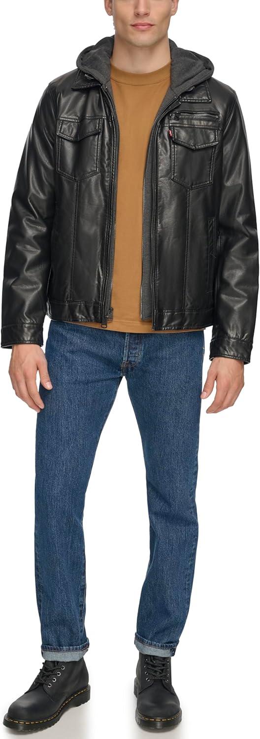 imageLevis Mens Faux Leather Hooded Trucker Jacket With Sherpa Lining Regular amp Big amp Tall SizesBlack